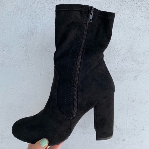 BLACK FAUX SUEDE FLORAL BOOTIE BOOTS - Picture 3 of 8